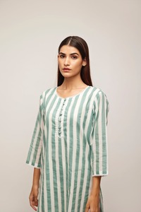 High-End Quality Turquoise Stripe Suit Set Indian Fashion Styled <b>Kurti</b> and Pants Direct From Manufacturer - Product Image 2