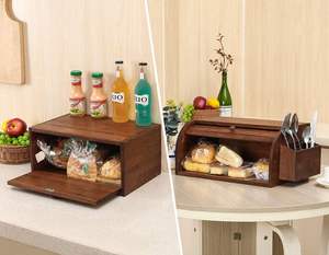 Natural Bamboo Bread <b>Box</b> for Kitchen Countertop Assembly Layer <b>Roll</b> Top Bread Storage Container with Silverware Basket - Product Image 3