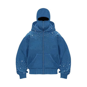 Sweat à capuche rétro Y2K surdimensionné pour homme/femme avec fermeture éclair double couche et strass, sweat à capuche balaclava, lavage au sable, streetwear d'hiver, vente en gros - Product Image 1