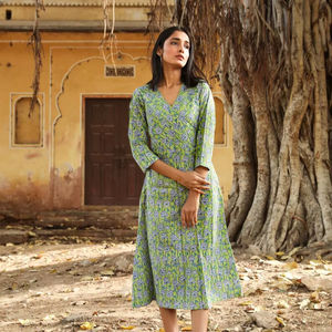 <b>Japanese</b> Lotus Wrap Dress Hand Block <b>Printed</b> Bohemian Green Blue Floral Pure Cotton Casual Occasional Adjustable Waist - Product Image 1