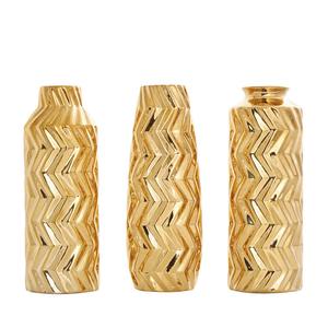 Designer <b>Gold</b> Metal Vase <b>Set</b> With Geometric Texture For Hotel Lobby Office Reception And Premium Interior Decor From India - Product Image 1