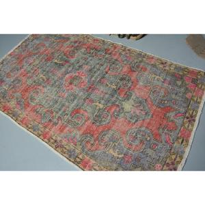 4.3x7.2 ft Vintage Area Rug, <b>Red</b> Gray Turkish Solid <b>Wool</b> Rug - Product Image 4