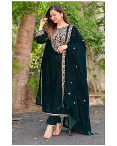 FANCY VELVET THREAD SEQUENCE WORK <b>TOP</b> & BOTTOM SET with DUPATTA BREATHABLE VISCOS WINE - Product Image 2