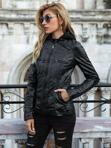 Classic Leather <b>Jackets</b> for Ladies Autumn <b>Women</b> Hooded <b>Zipper</b> <b>Jacket</b> Blank Work <b>Jackets</b> - Product Image 6