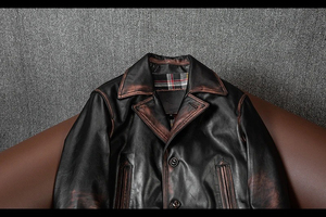 Couche supérieure veste en cuir véritable hommes High Street Style classique longue veste de moteur à la main en peau de vache personnalisé pas cher vestes en cuir - Product Image 6