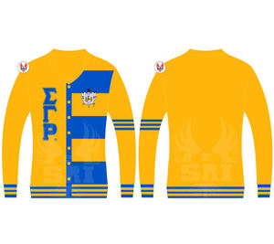 Cárdigan de hermandad al por mayor, suéter Sigma Gamma Rho de punto dorado, bordado personalizado, proveedor de fábrica de ropa de vida griega - Product Image 1
