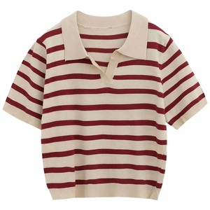 Camisas a rayas de calidad superior para mujer, camisetas polo a rayas con panel de contraste de poliéster personalizadas para mujer - Product Image 6