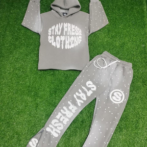 เซ็ตกางเกงเหงื่อมีระบายพลอยเทียมชุดวอร์มซักกรดพิมพ์ลายปักเสื้อสเวตเตอร์ซีดจาง100% ผ้าคอตตอน - Product Image 1