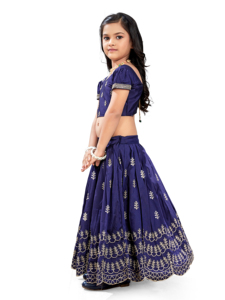 Shoryam Fashion Robe traditionnelle indienne pour enfants, imprimé bleu métallisé, Lehenga longueur ras du sol, Choli à manches bouffantes, tenue de fête pour filles - Product Image 6