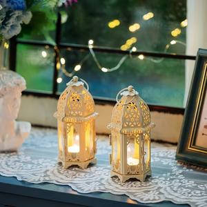 <b>Black</b> Metal Moroccan Candle <b>Lantern</b> Set of Two with Intricate Cutwork Warm Ambient Glow Elegant Tabletop Decor - Product Image 5