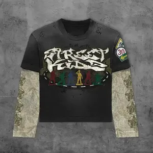 Camiseta de manga larga de doble capa informal de fabricantes personalizados para hombre con estampado lavado ácido vintage desgastado en tela de punto - Product Image 1