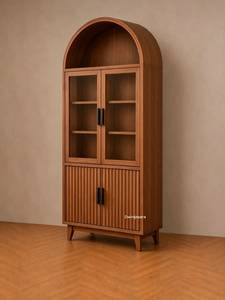 Modern Arched Solid Teak Wood Display Cabinet Glass Door Bookshelf Fluted Storage <b>Sideboard</b> - Product Image 4