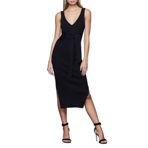 Elegante Abito Midi Nero in Maglia a Costine Americana con Maniche a Sbuffo e Cintura Annodata, Traspirante, per Ufficio e Uso Quotidiano, Modello Diamond Taglia 001 - Product Image 1