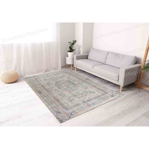 Tapis imprimé à motifs floraux - Beige, vert, décor antique, design turc, tapis en velours de luxe - Product Image 3