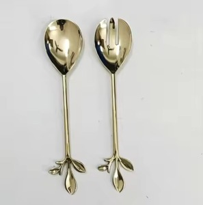 Set de service à salade doré avec manche en pierre Outil de service décoratif à salade plaqué or Cuillère Fourchette Royal Couverts - Product Image 2