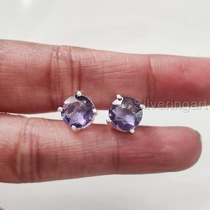 Pendientes de Plata de Ley 925 con Amatista Natural, Piedra de Nacimiento de Febrero, Regalo de San Valentín, Joyería Hecha a Mano - Product Image 3