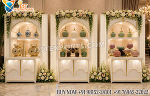 Elegante mostrador de comida para eventos, decoración de catering, conjunto de vitrina de madera de lujo para decoración con acabado dorado y arqueado - Product Image 4