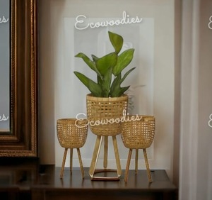 Ensemble de support de panier à plantes en bois naturel et en osier Pots de fleurs et support de jardinière en rotin et bambou avec support de jambe pour plantes de jardin - Product Image 3