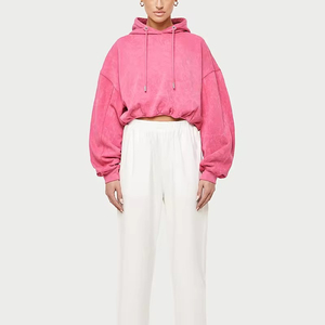 2024 nueva llegada de gran tamaño impreso Casual transpirable Rosa ácido lavado en relieve con capucha gimnasio Crop Top mujeres Otoño Invierno frente - Product Image 3