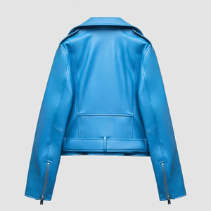 Women's Stylish Blue Genuine Lambskin Leather Moto <b>Biker</b> <b>Jacket</b> with Stand Collar Breathable & Waterproof With OEM - Product Image 2