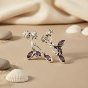 Pendientes de Plata 925 con Flor de Amatista para Mujer, Joyería Floral de Moda, Chapado en Oro Rosa, Material de Oro Rosa para Compromiso, con Circonita - Product Image 2