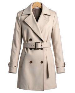 เสื้อโค้ทตัวยาวสีเบจแบบกระดุมสองแถวเสื้อโค้ทแฟชั่นอบอุ่นสำหรับฤดูใบไม้ร่วงฤดูหนาว - Product Image 1