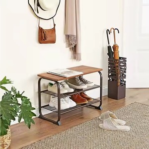 Industrial 3-Tier Shoe Rack <b>Bench</b> with Wood Top and Steel Frame, Entryway Storage Shelf for Hallway and Living Room - Product Image 3