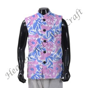 Veste pour homme en coton matelassé à imprimé de blocs Veste à fleurs élégante Veste d'hiver sans manches en coton Fait à la main Vintage Point fin - Product Image 5