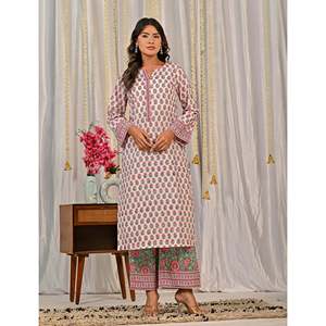 Conjunto de Kurta y Pantalón de Algodón Blanco con Estampado a Bloques para Uso Diario - Product Image 5