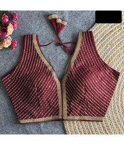 Blouse sans manches de travail de broderie de séquence lourde de vêtements traditionnels indiens pour la soie d'organza et les vêtements de fête - Product Image 1