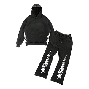 Ensemble de survêtement homme hiver, style hip-hop, grande taille, en molleton respirant, effet délavé vintage, avec sweat à capuche et pantalon de survêtement, imprimé personnalisé effet vieilli - Product Image 1