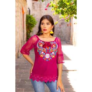 Chemise à fleurs orange brodée pour femmes, style ethnique, avec manches transparentes, tenue décontractée - Product Image 2