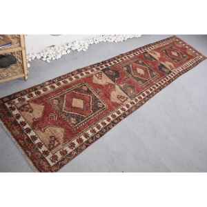 Alfombra de lana Vintage de 2,7x11,6 pies en rojo y marrón Diseño de retazos de área grande para entrada Pasillo o dormitorio Respaldo de látex - Product Image 2