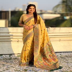 VASTRA COTTAGE Soft Silk Meenakari Baluchari <b>Saree</b> with Floral Motifs Rich Zari Woven Border Pallu and Brocade Meenakari <b>Blouse</b> - Product Image 4