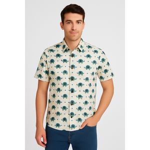 Men's Casual Printed <b>Half</b> Sleeve 100% Cotton Satin Dress <b>Shirt</b> with Elephant Motif Beach Wear Size 6XL (SHKN1076) - Product Image 1
