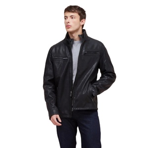 Blouson d'hiver pour homme en cuir véritable, style motard rétro américain haut de gamme, col montant, logo brodé sur le devant, coupe ample unie - Product Image 1