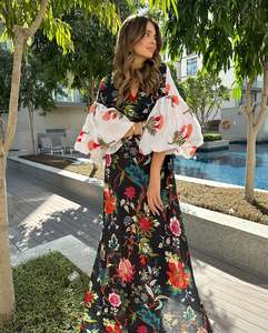 2025เดรสแมกซี่ผ่าข้างสำหรับผู้หญิงชุดเดรสแขน3/4ลายดอกไม้สไตล์โบฮีเมียนลำลองสำหรับฤดูร้อนเดรสคอวีแขนสั้นมีกระเป๋า - Product Image 2