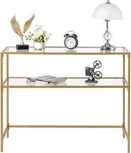 <b>Glass</b> Top Desk with Shelf White Metal Home Office Desk Modern Computer Desk Minimalist Work Desk - Product Image 3