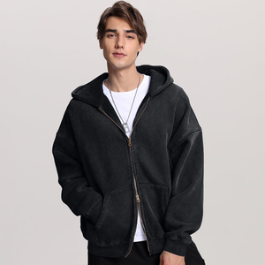 Personnalisable Stone-Washed Digital Imprimé Oversize Two-Way Zipper Hoodie ourlet côtelé et manchette y2k streetwear pour hommes - Product Image 3