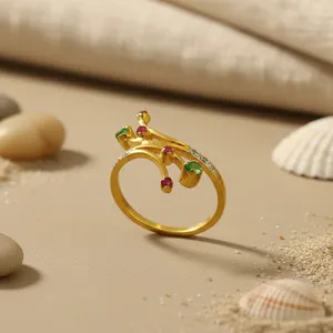 Art Palace Golden Plant-Inspired 925 Silver Gemstone Cluster <b>Ring</b> <b>Ruby</b> Emerald Prong Setting Bohemian Style Unisex Everyday Wear - Product Image 1