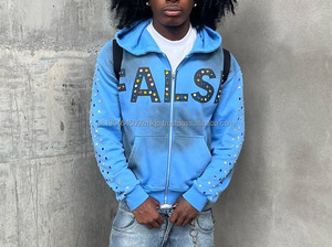 Ropa de calle de alta calidad 500 Gsm Heavy Rhinestone Letter Printing Vintage Acid Wash Sun Faded Zip Up Rhinestone Sudadera con capucha para hombre - Product Image 5