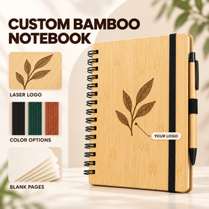 Carnet à spirales LABON personnalisé en bambou avec couverture en PU, format A5, logo gravé au laser, pages vierges, bande élastique, porte-stylo, cadeaux OEM - Product Image 1