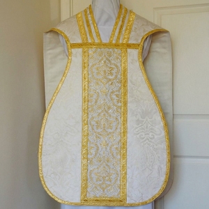 <b>White</b> <b>Silk</b> Roman Chasuble Gold Damask Brocade Hand Embroidery Catholic Priest Vestment Liturgical Clergy Mass <b>Robe</b> Set - Product Image 1