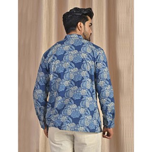 Kurta court en coton popeline bleu imprimé pour homme, chemise décontractée à manches longues, respirante et confortable - Product Image 6