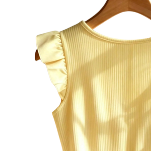 Women's Ribbed Knit Crop <b>Top</b> Ruffle <b>Sleeve</b> Button Front Fitted Waist Square Collar Casual Regular Fit Summer Blouse 100% Cotton - Product Image 3