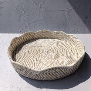 Natural Fiber <b>Rattan</b> Tray <b>Round</b> with Shell Embroidery Artisan <b>Table</b> Decor Perfect Seasonal Gift - Product Image 5
