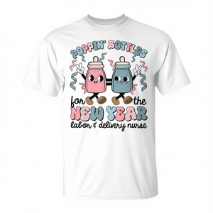 T-shirt per Infermieri Ostetrici e Neonatologici per la Notte di Capodanno - Design Promozionale 'Poppin Bottles' - Product Image 2