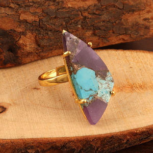 Forme fantaisie mohave violet avec bague en pierre précieuse turquoise cuivre bleu laiton plaqué or 18 carats bijoux pour femmes en gros bague réglable - Product Image 3