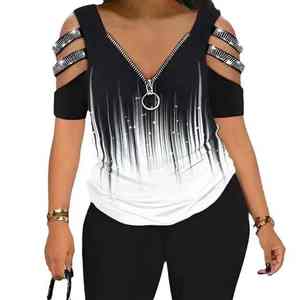 Conjuntos cortos cremalleras estampado cuello en V pulóver Tops mujer chándal dos piezas vaina lápiz pantalones cintura alta Slim Fit 2025 verano - Product Image 6