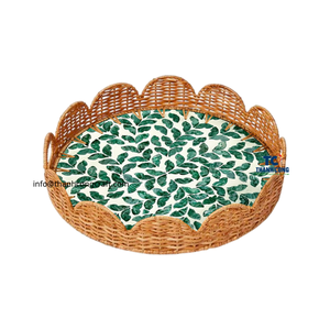 Bandeja de ratán Redonda al por mayor de Vietnam con incrustaciones decorativas de nácar de concha de Capiz para regalo Ramadán Eid - Product Image 1